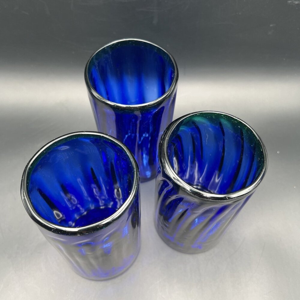 Set Of 3 Hand Blown Mexican Glasses Cobalt Blue Swirl Green Rim ~5" - Picture 12 of 14